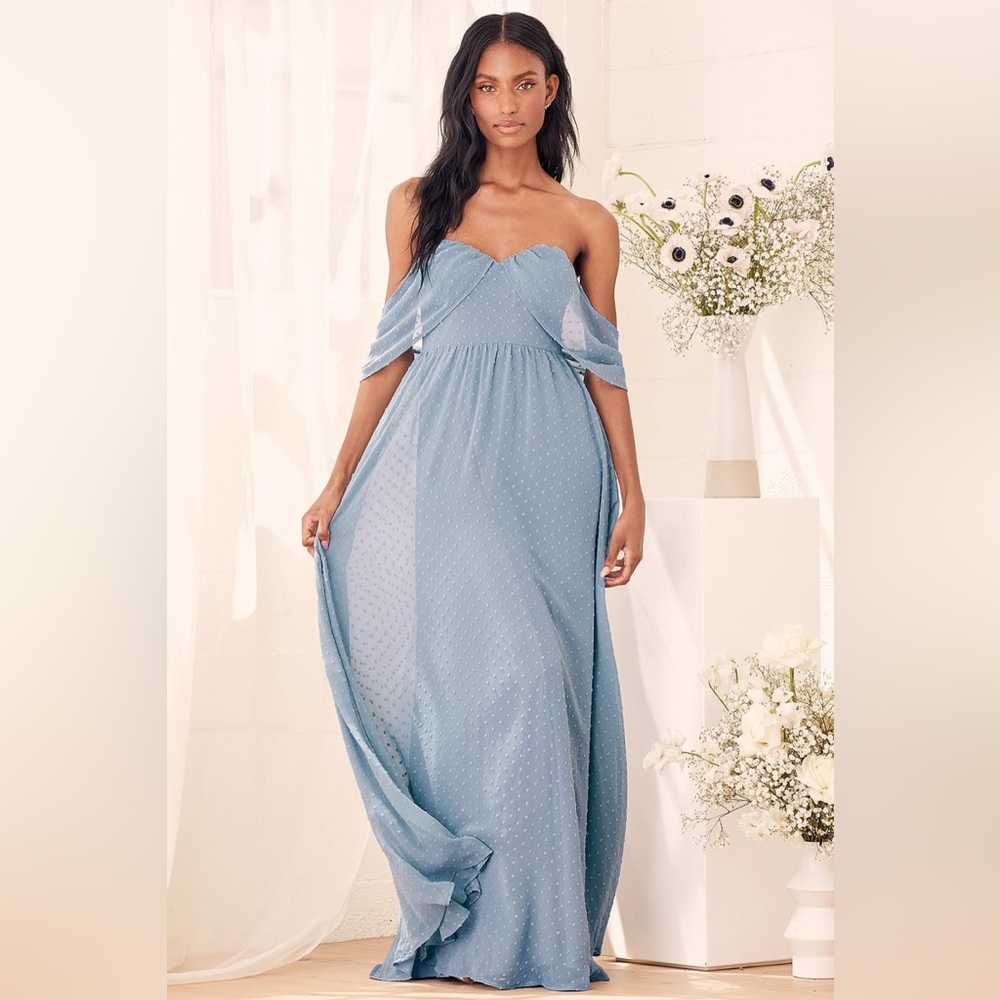 Lulus Got My Heart Slate Blue Swiss Dot Off-the-Shoulder Maxi Dress
